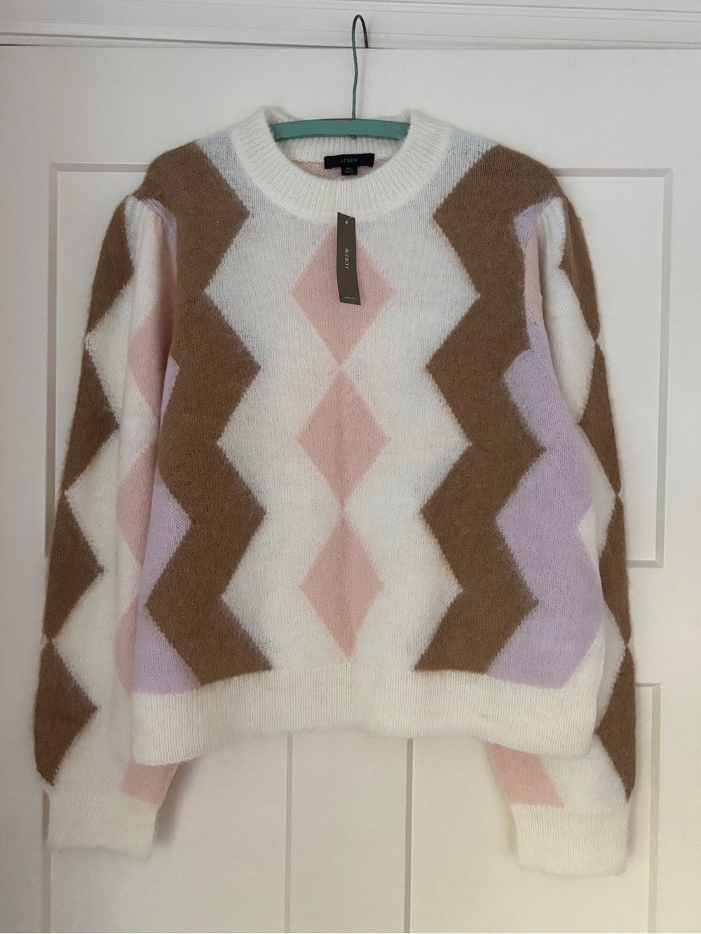 NWT J. Crew cream crewneck sweater with brown, pink & lavender argyle pattern